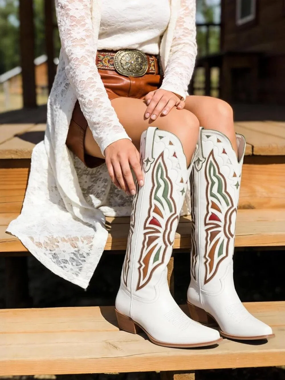 Women's White Cowboy Knee High Chunky Heel Butterfly Cowgirl Boots Wide Calf